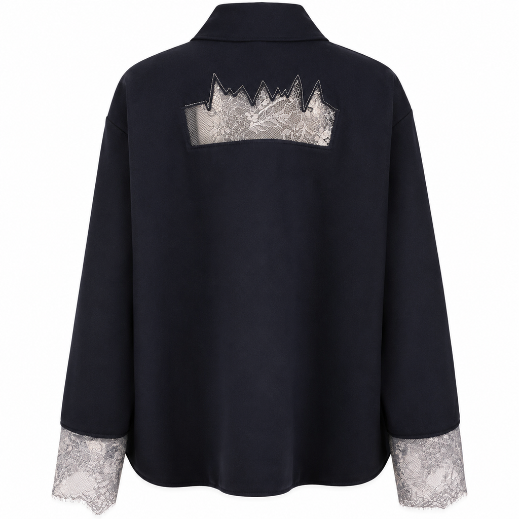 Navy lace-detail oversized shirt — back view showing heartbeat embroidery and floral lace insert