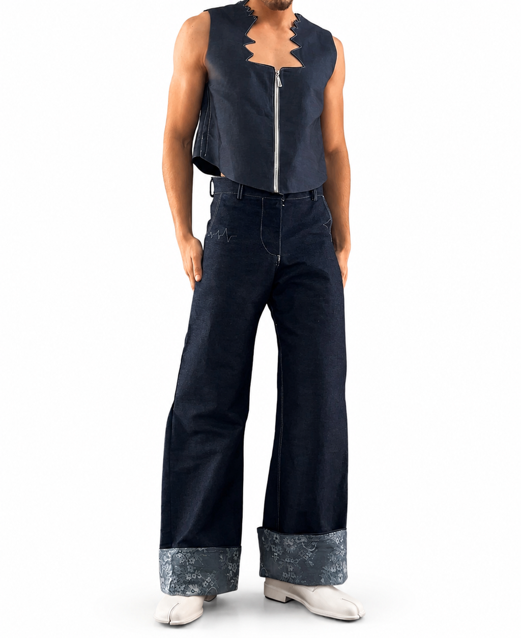 Wide-Leg Floral Cuff Denim Jeans