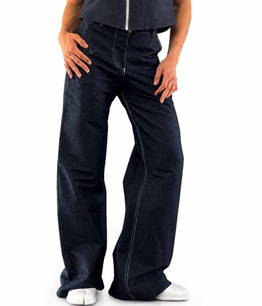 Wide-Leg Floral Cuff Denim Jeans