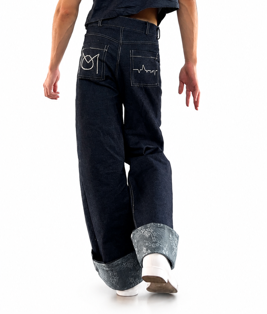 Wide-Leg Floral Cuff Denim Jeans