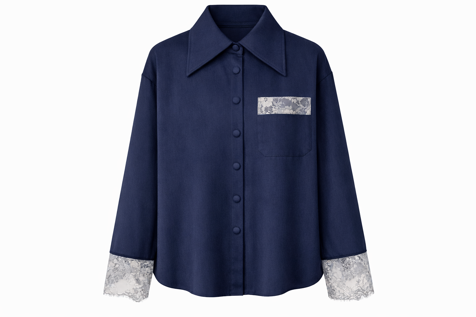 Navy lace-detail oversized shirt — front view showing floral lace pocket and covered button placket