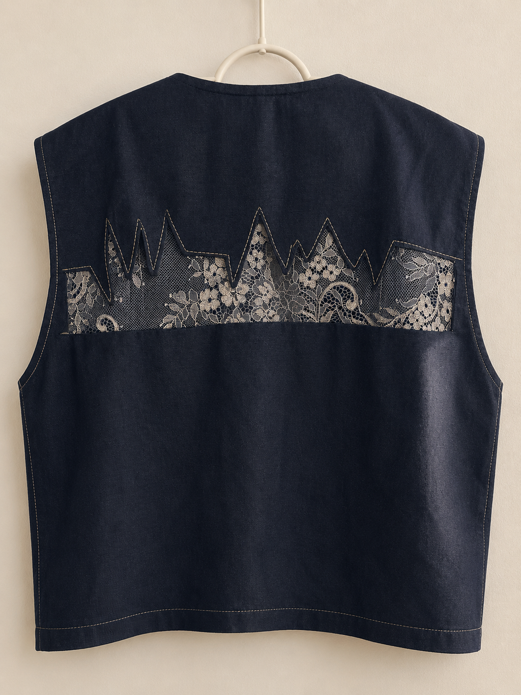 Black Lace Shoulder Vest – Back view showing serrated lace panel