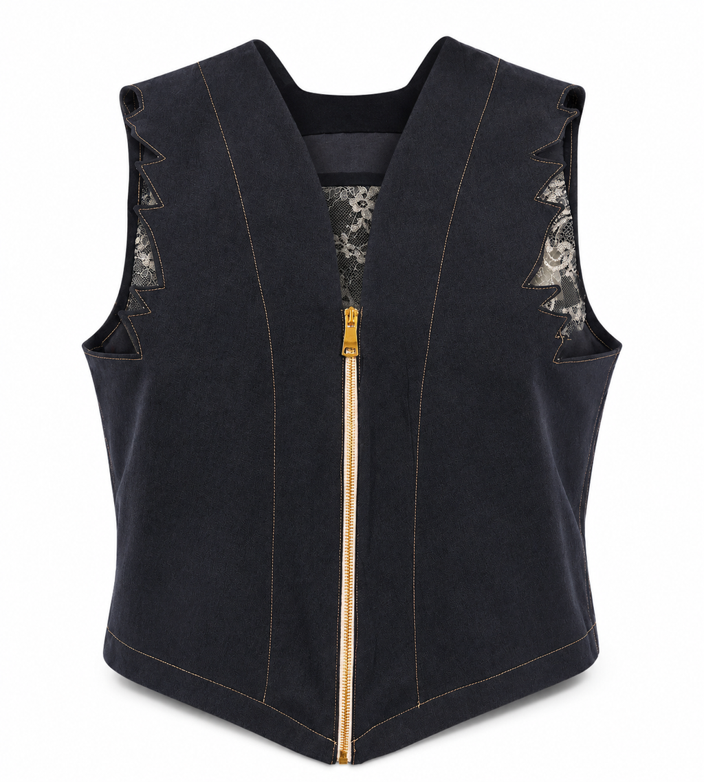 Black Lace Shoulder Vest – Front view showing gold zipper and zigzag lace shoulder cutouts