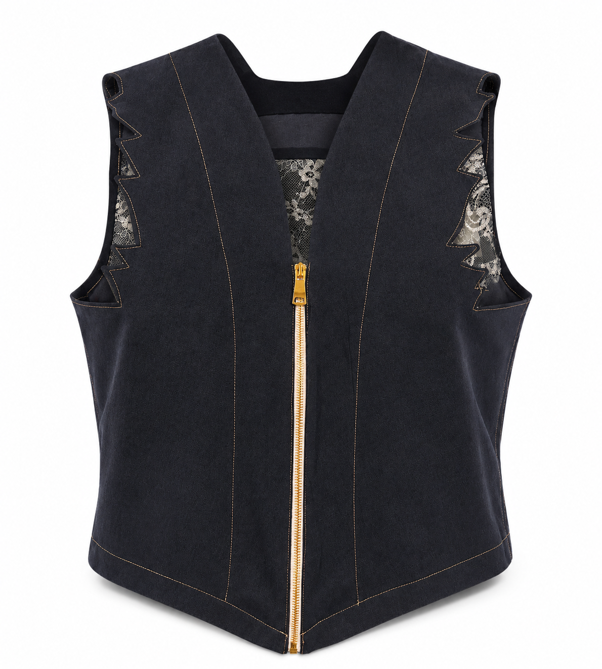 Black Lace Shoulder Vest – Front view showing gold zipper and zigzag lace shoulder cutouts