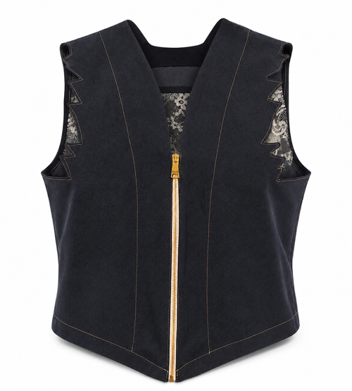 Black Lace Shoulder Vest – Front view showing gold zipper and zigzag lace shoulder cutouts