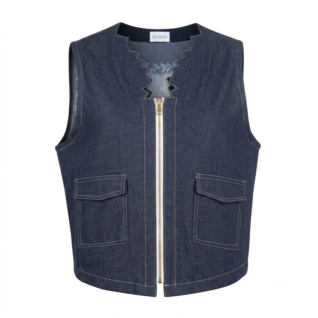 Denim Lace Cargo Vest – Front view showing cargo pockets and zigzag lace neckline