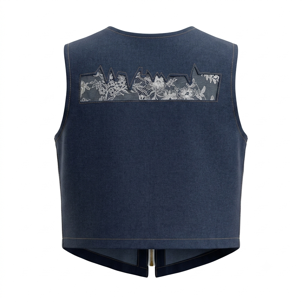 Denim Lace Cargo Vest – Back view showing serrated lace panel and zip vent