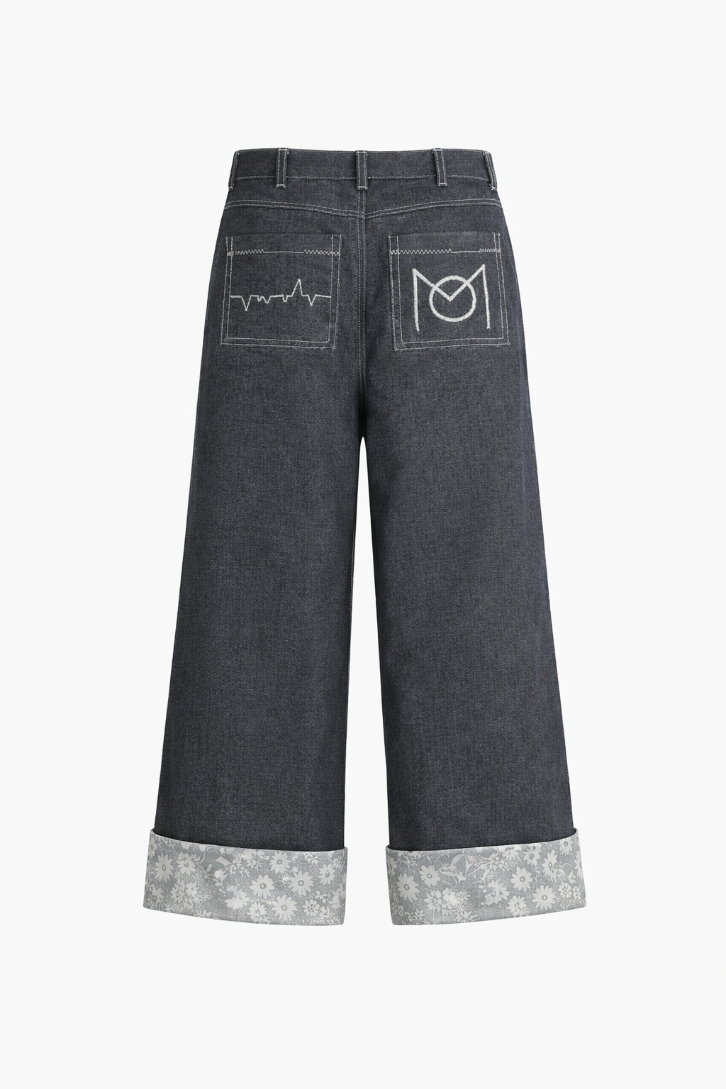 Wide-Leg Floral Cuff Denim Jeans