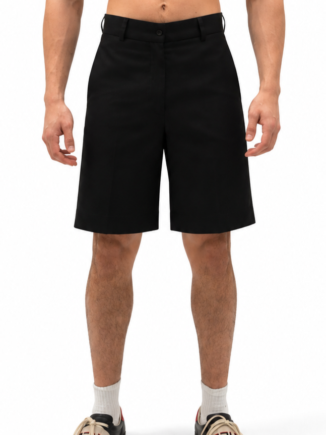black tailored shorts with a clean straight-leg fit, side pockets, and belt loops.