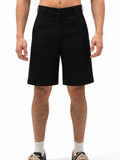 black tailored shorts with a clean straight-leg fit, side pockets, and belt loops.