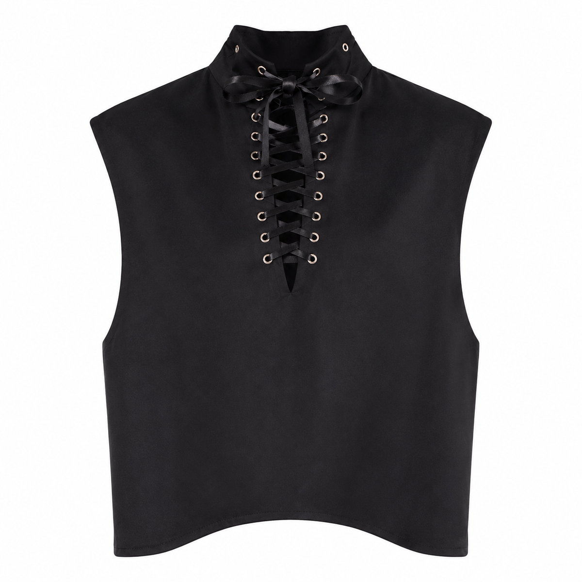 Front view of black sleeveless top with lace-up high neckline, metal eyelets, and ribbon lacing.