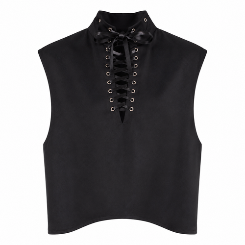 Front view of black sleeveless top with lace-up high neckline, metal eyelets, and ribbon lacing.