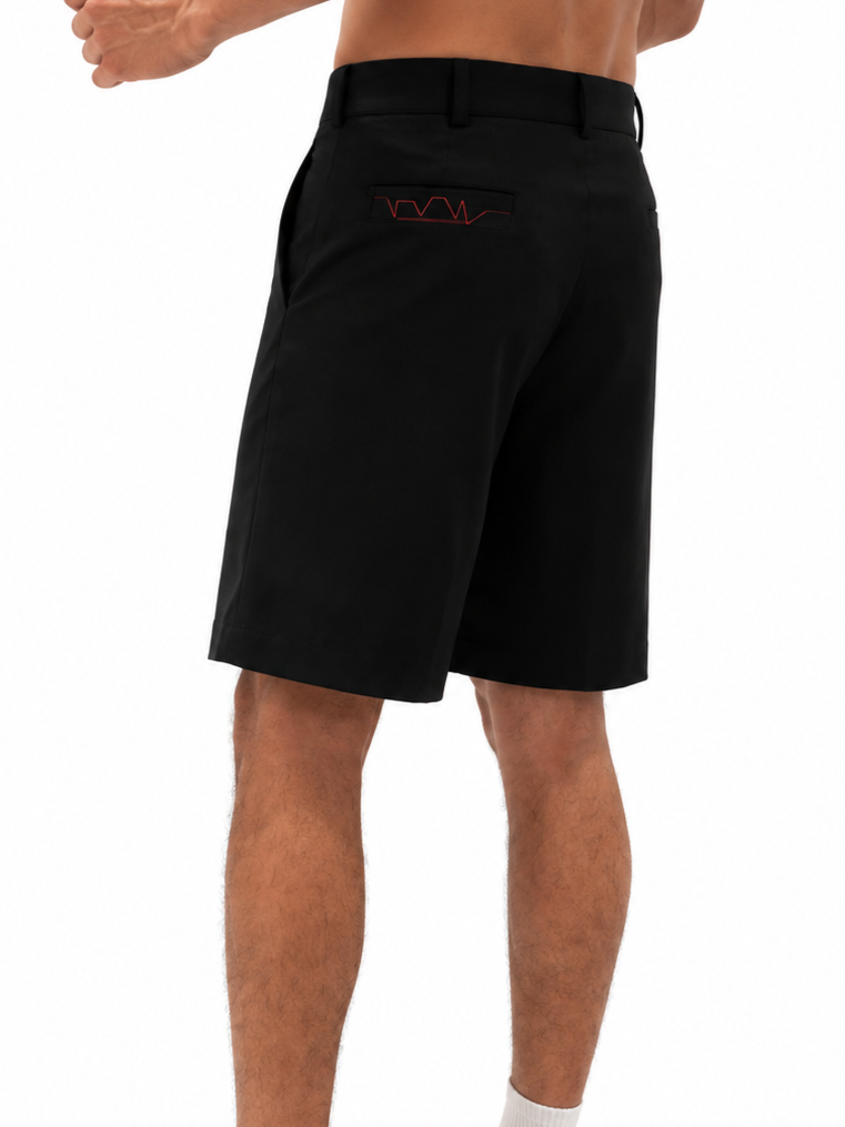 black tailored shorts featuring a heartbeat embroidery detail above the back welt pocket.