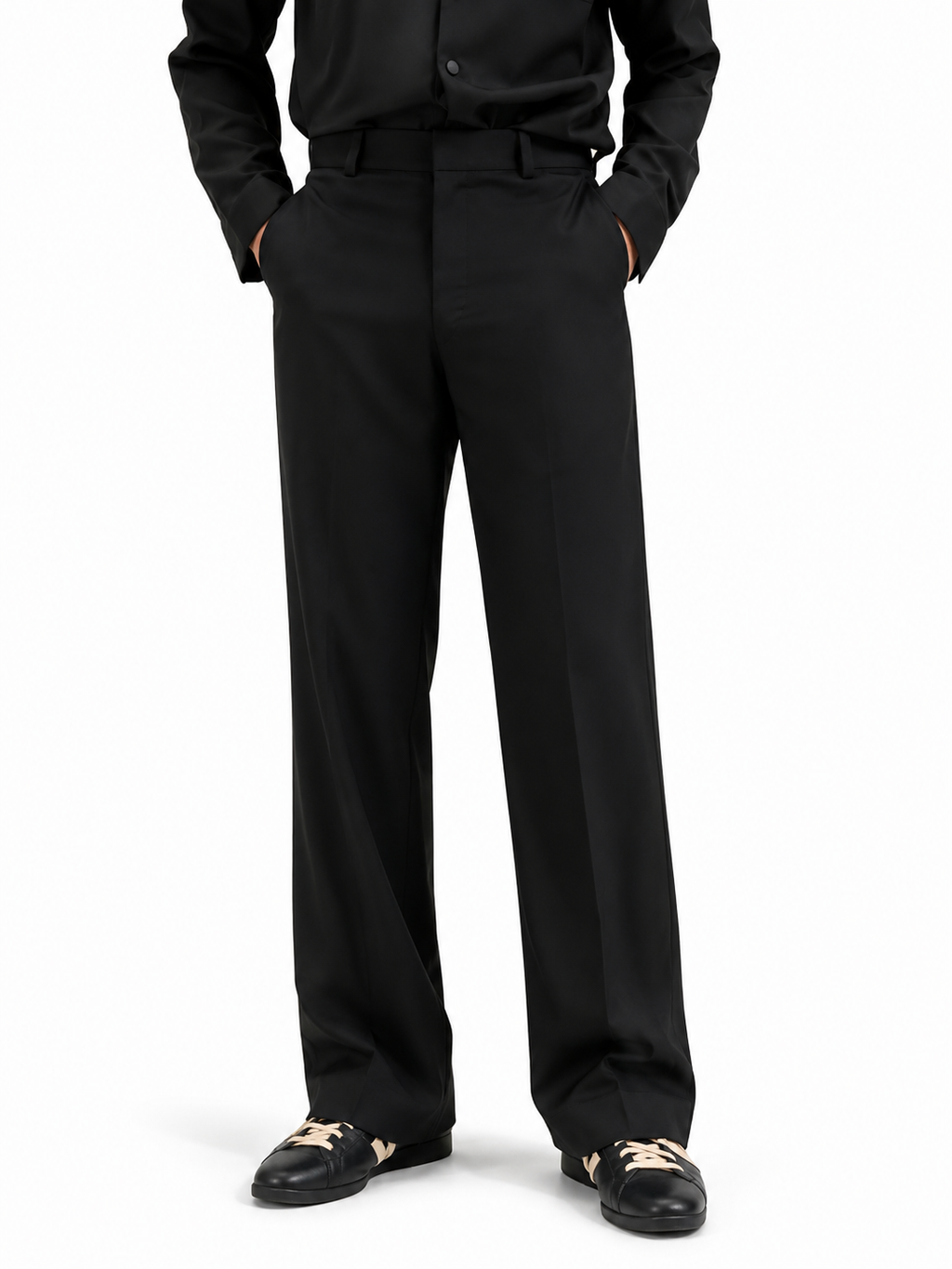 Black tailored wide-leg trousers — front view with side pockets and structured waistband