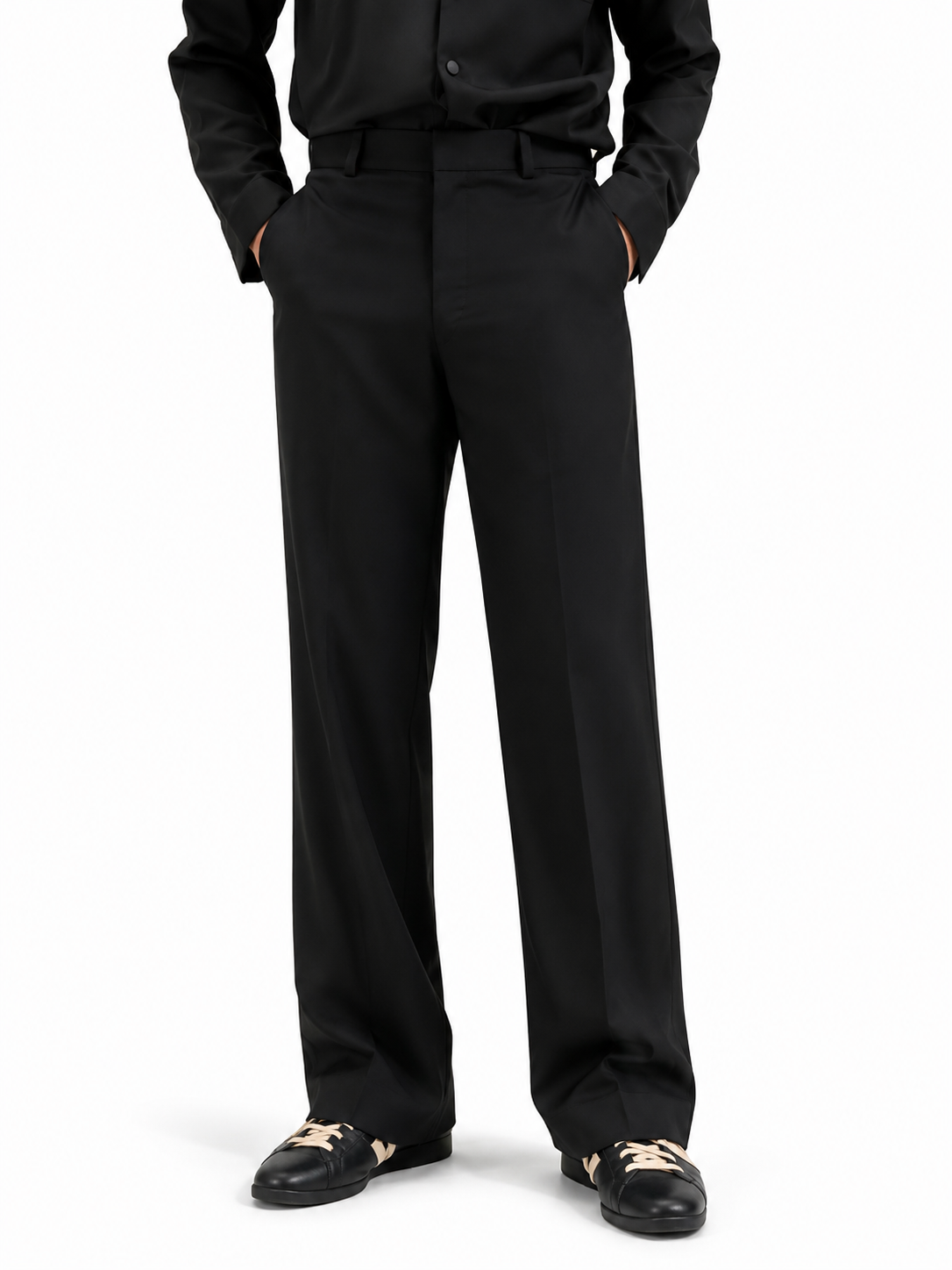 Black tailored wide-leg trousers — front view with side pockets and structured waistband