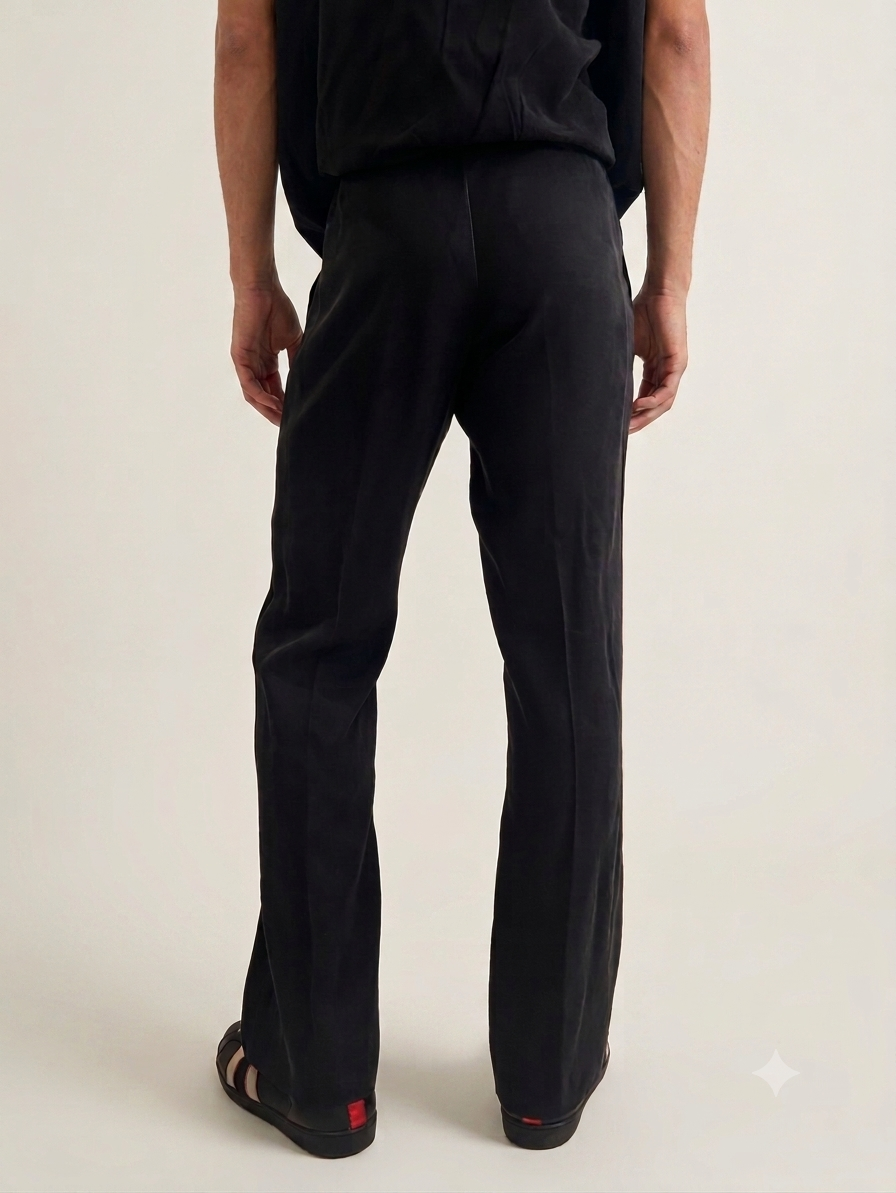 Black viscose blend wide-leg trousers — back view