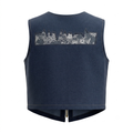 Denim Lace Cargo Vest – Back view showing serrated lace panel and zip vent