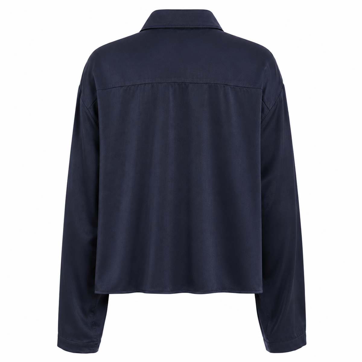 Back view of navy oversized overshirt with a clean minimalist design and pointed collar.