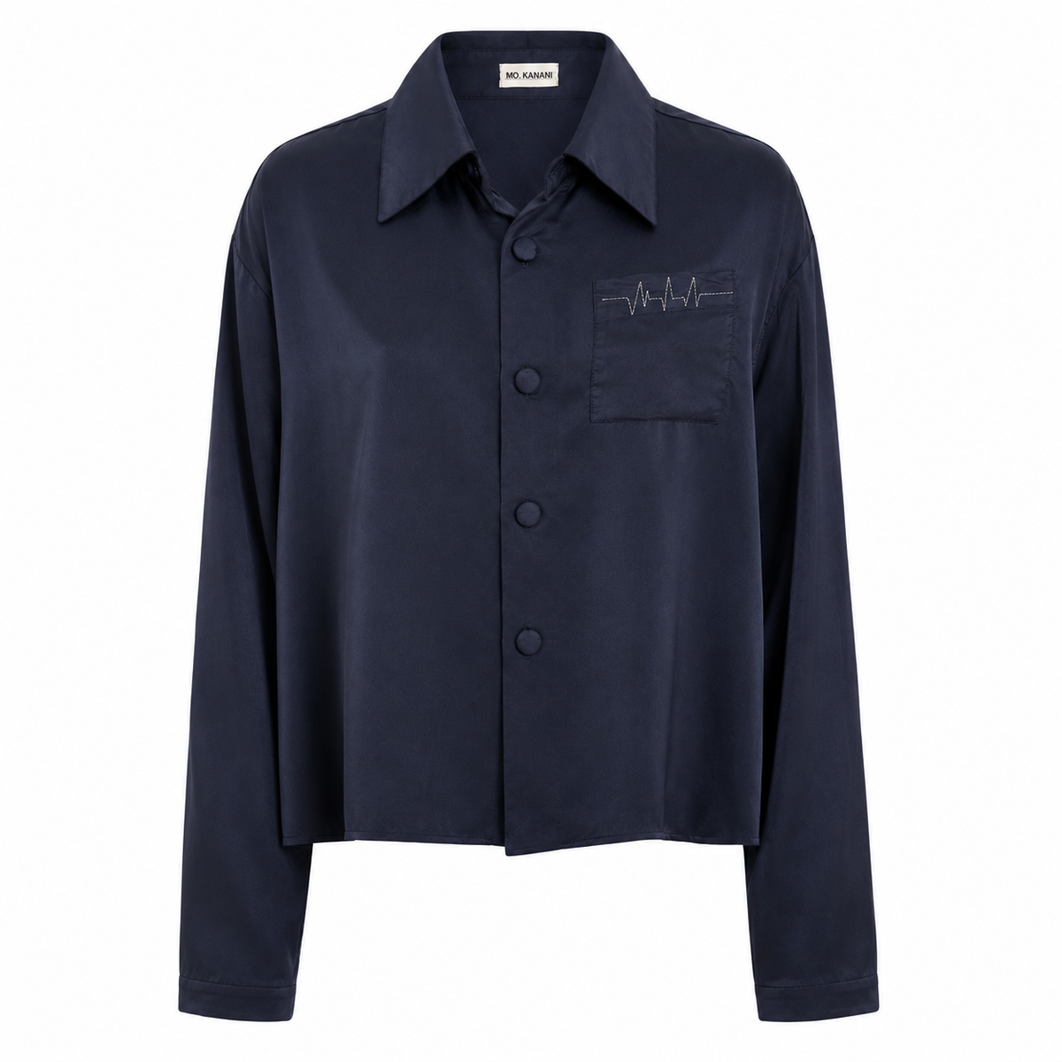 Front view of navy oversized overshirt with heartbeat embroidery on the chest pocket, concealed button placket, and pointed collar.