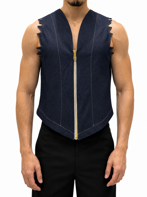 Front view of navy sleeveless denim vest with gold front zipper, lace neckline detail, and contrast topstitching.