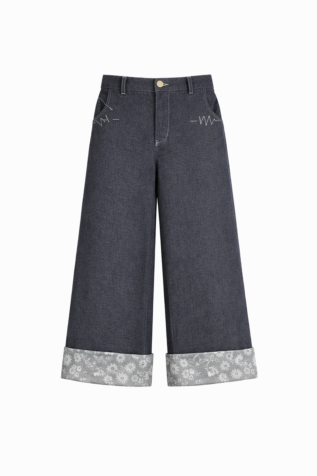 Wide-Leg Floral Cuff Denim Jeans